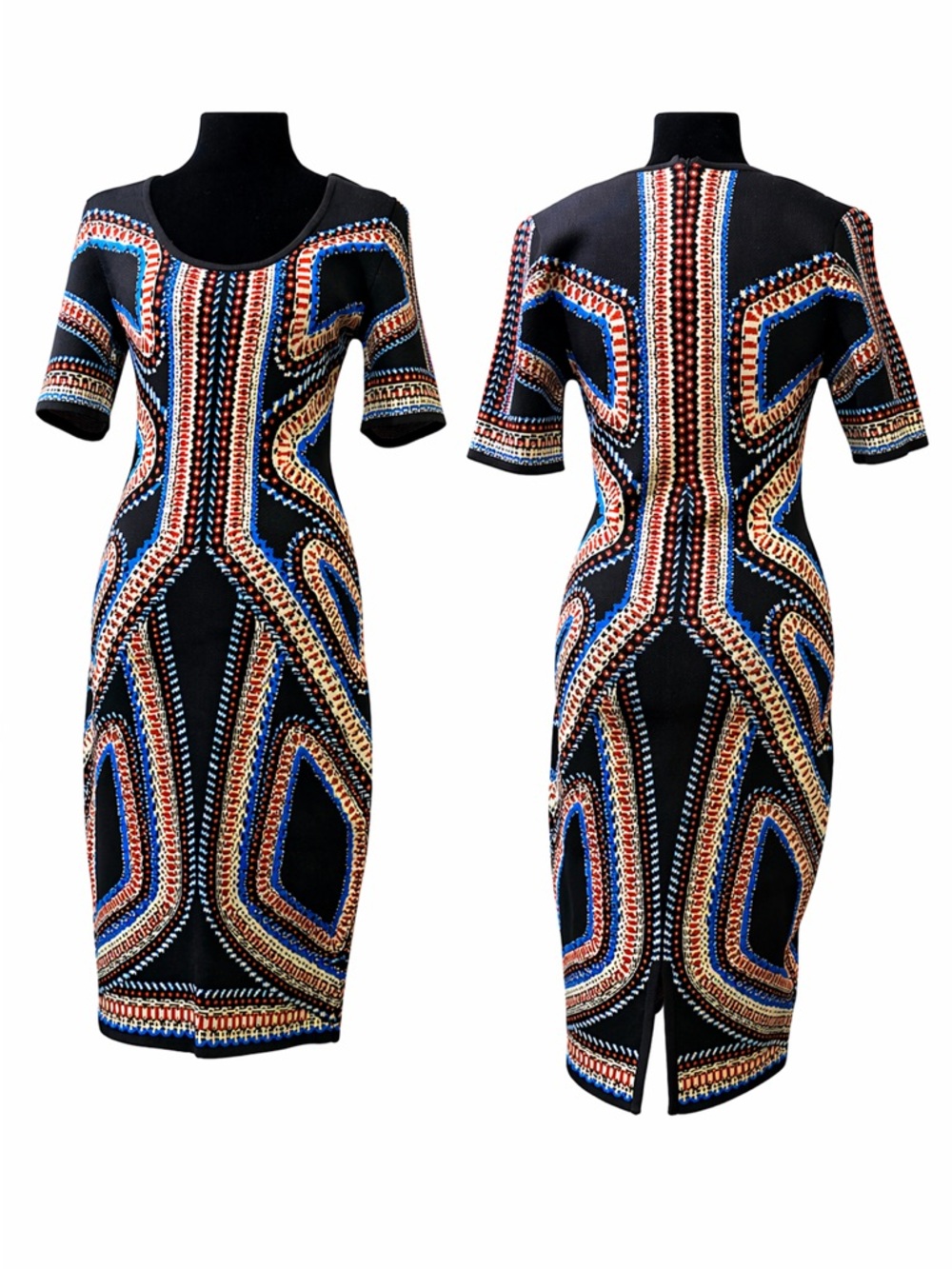 Jealous Tomato Black Midi Dress with Blue and Tan Geometric Print